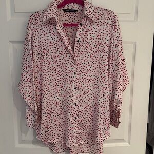 White Button-Up Shirt with Red Heart Print